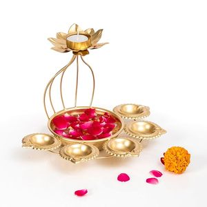Support de bougie chauffe-plat en métal Lotus avec base en bol Urli, fait main, décoration Diya pour anniversaire, maison, bureau, cadeaux festifs - Product Image 4