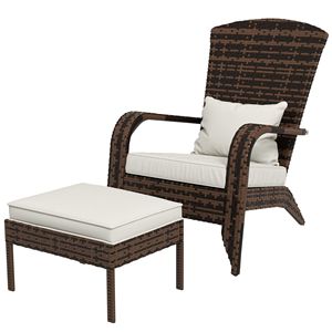 Sedia Adirondack con schienale alto e seduta ampia, in vimini, con cuscini bianco crema per esterni, terrazza con braciere o giardino - Product Image 1