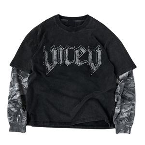 Style tendance haute qualité Double couche O cou 100% coton à manches longues Streetwear en détresse surdimensionné hommes t-shirt - Product Image 2