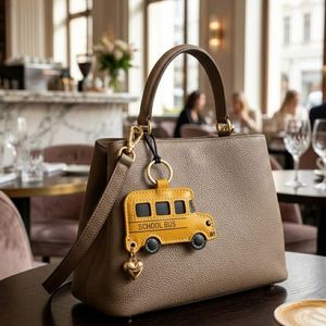 <b>Personalized</b> School Bus Bag Charm Pendant with Gold Heart Metal Accessory for Gift Promotion PU Leather <b>Keychain</b> - Product Image 3