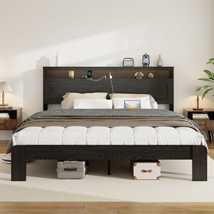 Letto Matrimoniale King Size con Struttura in Legno, Testiera Illuminata a LED e 2 Porte USB, Silenzioso, Senza Necessità di Rete a Doghe, con Vano Contenitore Integrato - Product Image 1