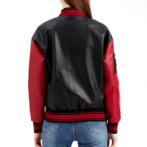 Chaqueta bomber de cuero PU para mujer, color negro y rojo, con cierre de cremallera y cuello vuelto, estilo motero. - Product Image 2