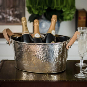 Luxury Hammered Stainless Steel Oval <b>Ice</b> Bucket With Leather Handles Premium Champagne Wine Party Beverage Tub For Wedding - Product Image 1