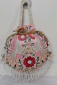 Traditional Indian Fashion Women's Mini Potli <b>Bag</b> Peacock Embroidery Pearl Decoration 9x9 Inches Drawstring Closure High Quality - Product Image 6