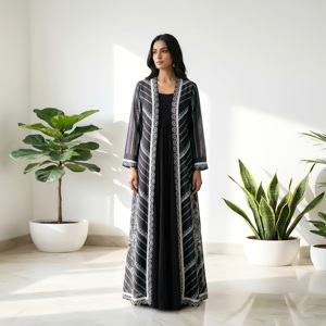 Abaya ouverte sur le devant BSY à rayures géométriques, vêtement islamique modeste pour femme, caftan de Dubaï, manteau long de qualité supérieure, robe de mode - Product Image 1