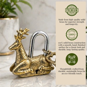 Gold Antique Brass <b>Padlock</b> with Deer Shaped Vintage Style Spiritual Safety Lock Decorative Collectible for Home Temple Gift Use - Product Image 2