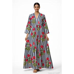 Vestido largo de algodón con estampado a mano para mujer, gris con rayas y flores rojas, corte holgado, cuello en V. - Product Image 1