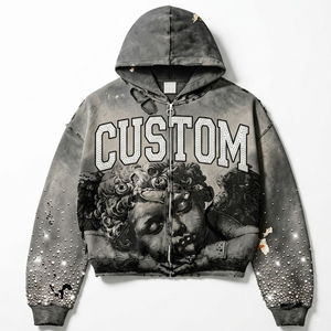 Sweat à capuche zippé streetwear entièrement personnalisé, finition délavée vintage, imprimé graphique, orné de strass, effet vieilli, en coton épais, unisexe - Product Image 1