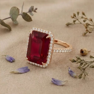 Emerald Cut Ruby Moissanite Halo Engagement <b>Ring</b> Rose Gold Vintage Bridal <b>Ring</b> Luxury <b>Statement</b> <b>Ring</b> - Product Image 2