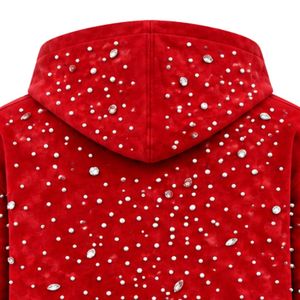 Sudadera con capucha roja brillante con cremallera, chaqueta estilo streetwear con cristales, sudadera informal con capucha de manga larga y bolsillos - Product Image 4