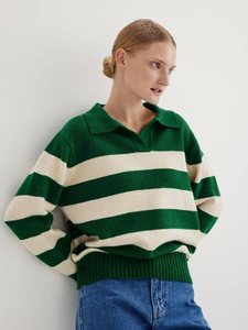 Pull décontracté pour femme en maille rayée verte avec col, color block, anti-plis, en polyester/coton doux et respirant - Product Image 1