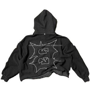 Sudaderas con capucha recortadas lavadas con ácido personalizadas con borde cortado bordado con parche térmico para Hombre Sudaderas con capucha para hombre - Product Image 2