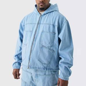 Sweat-shirts à capuche pour hommes de haute qualité, effet délavé, personnalisables, coupe oversize, entièrement zippés, en denim, avec impression de logo personnalisée pour garçons - Product Image 1