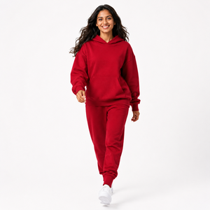 Ensemble de survêtement rouge à capuche pour femmes grandes tailles, manches longues, couleur unie, vêtements décontractés, poches latérales, taille élastique, coton mi-lourd - Product Image 3