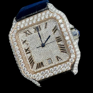 Montre-bracelet pour homme de qualité supérieure avec boîtier carré, cadran à chiffres romains, diamant moissanite, bracelet en cuir noir, fabrication artisanale - Product Image 1