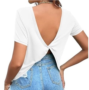 Breathable 100% Cotton Spandex Backless T-Shirt Sexy Hollow Club Party Slim Fit Knitted <b>Cropped</b> <b>Tops</b> Tees Shirts Wholesale OEM - Product Image 4