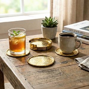 Gold Wood Coaster Set Hammered Art Deco Design Handmade Metal Handicraft 4-Piece Holder Luxury <b>Table</b> <b>Protection</b> Home Decoration - Product Image 4
