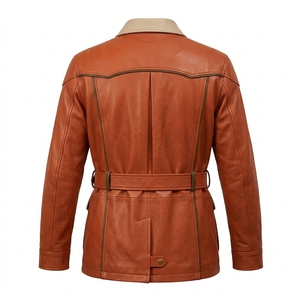 Men Vintage Cognac <b>Safari</b> Field <b>Jacket</b> Orange Real Leather Belted Coat Beige Contrast Custom Bulk Manufacturer Factory Apparel - Product Image 2