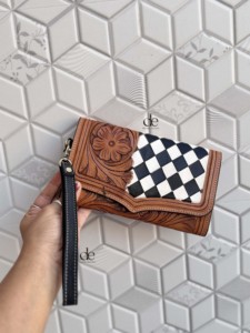 Hand Tooled Carving Leather Clutch Black White Checkered Pattern <b>Wristlet</b> Wallet Multi Uses Western Leather For Women Multi Uses - Product Image 1