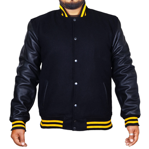 College <b>Jacket</b> Plain Letterman Style with Black Leather Sleeves Wool Body <b>Winter</b> Season Button Decoration - Product Image 1