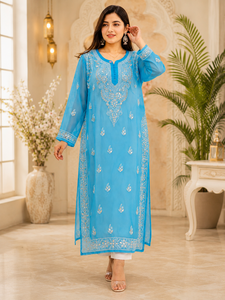 Kurta Droit Bleu Ciel Brodé Style Chikankari – Achetez Directement du Fournisseur - Product Image 1