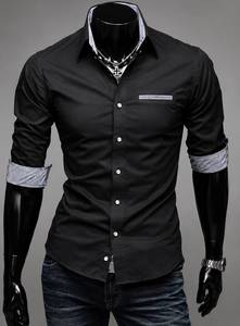 <b>Black</b> <b>Slim</b> <b>Fit</b> <b>Men</b> Long Sleeve <b>Shirt</b> Casual Button up Mandarin Collar Breathable XL Contrast Sleeve Wear - Product Image 1