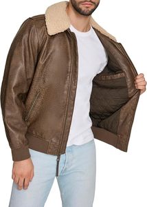 Blouson aviateur en cuir véritable marron pour homme, col rabattu, fermeture éclair, doublure en fausse fourrure, vêtement d'hiver - Product Image 5