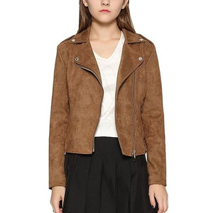 Women's Brown <b>Suede</b> Moto <b>Jacket</b> Full Sleeve Turn-down Collar Zipper Closure Autumn Style Sample Service Available - Product Image 4