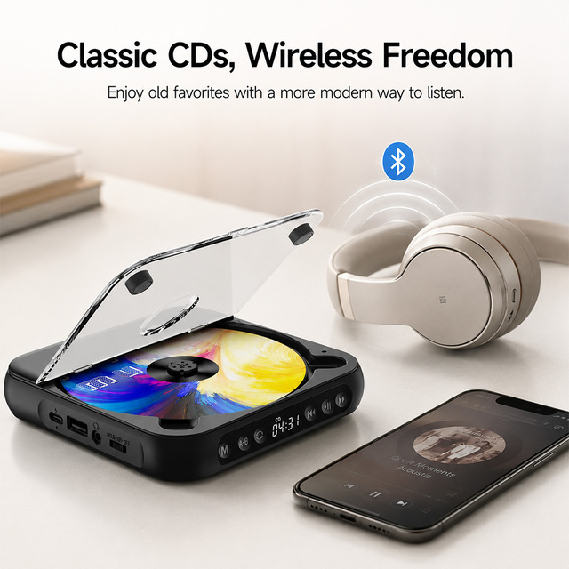 Portable Classic Music CD Player for Car Use with Bluetooth Audio Output Slim Design Custom Logo OEM Factory