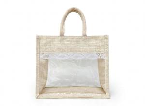 Sac de courses en jute naturel écologique avec fenêtre transparente en PVC et fermeture éclair, sac fourre-tout réutilisable pour les courses et les cadeaux de mariage - Product Image 5
