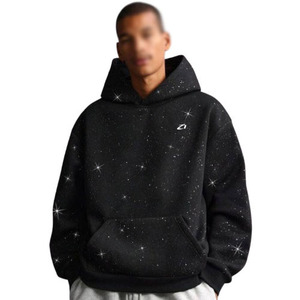 Sudadera con capucha para hombre con pedrería negra, hombros caídos, de algodón polar, estilo urbano, peso pesado, fabricante de marca privada - Product Image 1