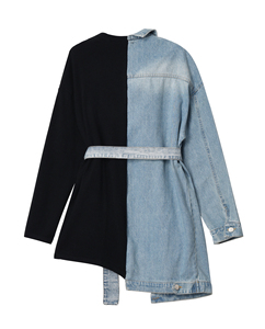 Mixed Media Hoodies Hybrid Denim <b>Jacket</b> Black Sweatshirt Women's Belted Patchwork Long Sleeve Casual Streetwear Trendy Apparel - Product Image 2