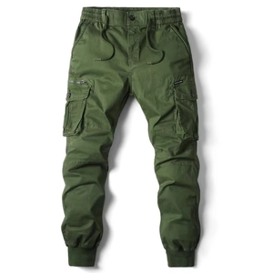 Pantalon cargo vert olive pour homme, taille élastique, plusieurs poches, usage sportif, 100% coton, léger, respirant, vêtements d'été - Product Image 2