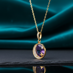 Collar de Amatista Azul y Circonitas Cúbicas de 10 mm, Plata de Ley 925, Chapado en Oro de 18 Quilates, Joyería, 16 Pulgadas, 10 g, Collar con Colgante Redondo, Regalo para Ella - Product Image 3