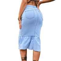 Jupe en jean taille haute évasée mi-mollet pour femme, style vintage, respirante, délavée, accessoire printemps-été-automne, 100% couleur délavée à la pierre