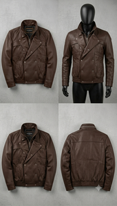 Chaqueta de hombre de cuero de cordero marrón premium, estilo holgado con cierre de cremallera, estilo urbano, talla grande. - Product Image 3