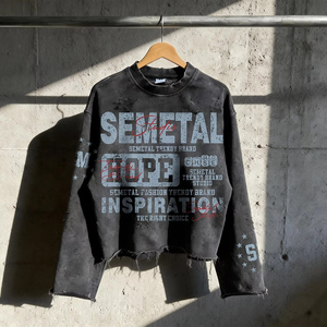 Custom Printed Distressed Acid Wash T-Shirts 260gsm French Terry Boxy <b>Tshirts</b> Oversized Heavyweight Men Long Sleeve T Shirt - Product Image 1