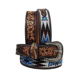 Premium Vintage Western Genuine <b>Leather</b> Alloy Pin Buckle Geometric <b>Tooling</b> Beaded Inlay Handcrafted Cowboy Style <b>Belt</b> - Product Image 1
