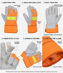 Gants de travail durables en cuir de vachette pleine fleur avec dos en coton fluorescent orange haute visibilité et bande réfléchissante - Product Image 3