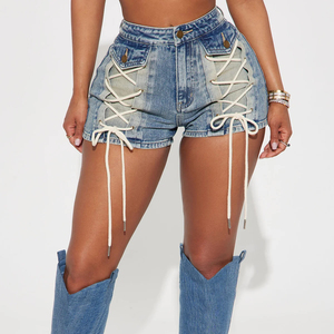 Ensemble de shorts en jean décontractés pour femmes, de haute qualité, couleur unie, couleurs personnalisables, logo, respirant, écologique, vente en gros - Product Image 5
