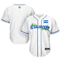 Mego Industry BBJ-016 Jersey Baseball Putih Merah Biru Lengan Pendek Poliester Kancing Depan Cetak Sublimasi Nomor Tim Regular