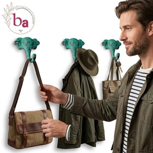 Perchero de pared vintage de hierro fundido con forma de elefante, impermeable, ecológico, ajustable, autoadhesivo, con un solo gancho, verde envejecido - Product Image 2