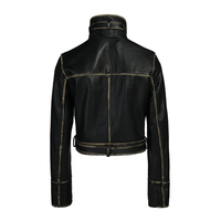 Blouson aviateur en cuir véritable pour femme, col montant, manches longues, ceinture ajustable à la taille, coupe courte, coupe-vent pour l'hiver