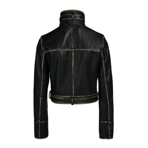 Women's Genuine <b>Leather</b> Bomber Jacket Stand Collar Full Sleeve Adjustable Waist Belt Closure <b>Short</b> Length Winter Windproof - Product Image 2