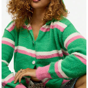 <b>Women's</b> Green Pink Solid Vintage V-neck Single Button Hooded Full Sleeve Knitted Cardigan Winter Style Anti-Pilling - Product Image 4