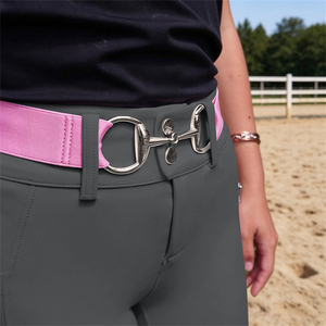 Pantalon d'équitation pour femmes, gris, avec boucle de ceinture rose, couleur unie, coupe régulière, pour l'équitation - Product Image 1