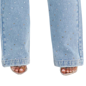 Women's Light Blue Rhinestone <b>Studded</b> Distressed Straight-Leg Jeans Casual Loose Fit Mid Waist Denim Pants - Product Image 5