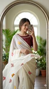 Sari de seda beige con bordado de mariposas y blusa color granate para mujer, ropa tradicional india, informal, largo hasta el suelo, corte regular. - Product Image 2