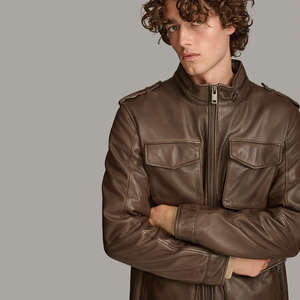 เสื้อแจ็คเก็ตมอเตอร์ไซค์สำหรับผู้ชาย แบบสองด้าน สีดำน้ำตาล หนังแกะเคลือบแว็กซ์ คอตั้ง ไซส์ใหญ่ กันน้ำ - Product Image 1