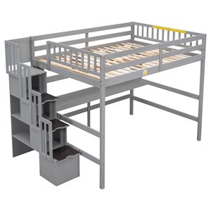 Letto a soppalco grigio a grandezza naturale con scrivania, scaffali portaoggetti e scala - Product Image 2